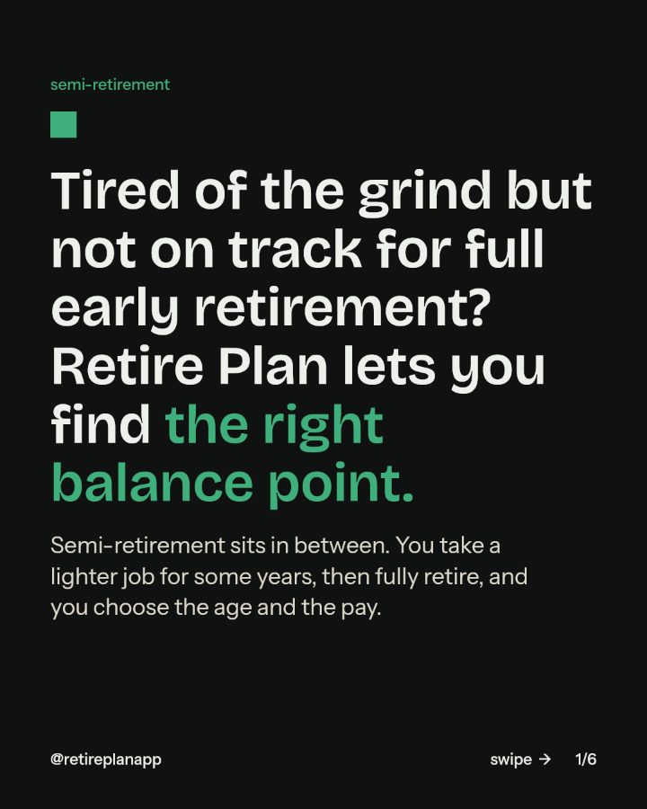 Slide 1 of 6: Tired of the grind but not on track for full early retirement? Retire Plan lets you find the right balance point.