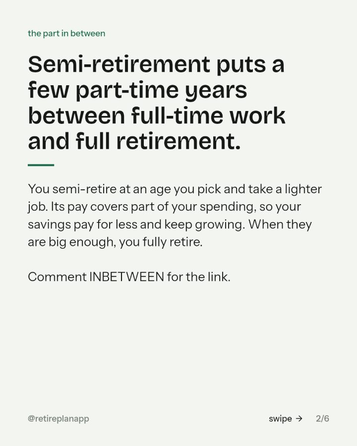 Slide 2 of 6: Semi-retirement puts a few part-time years between full-time work and full retirement.