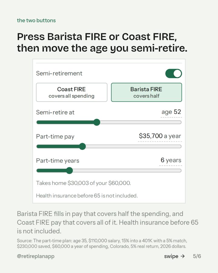 Slide 5 of 6: Press Barista FIRE or Coast FIRE, then move the age you semi-retire.